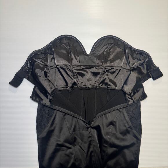 bebe Strapless Black Satin Lace Sheath Dress Women’s Medium Bodycon Bombshell - Picture 5 of 16